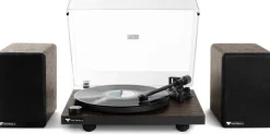 Victrola Premiere T1 Bluetooth Wireless Record Player with Bookshelf Monitors (Black/Wood Grain)